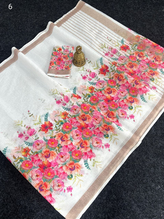Linen Slub Cotton Floral Sarees – 59 AED