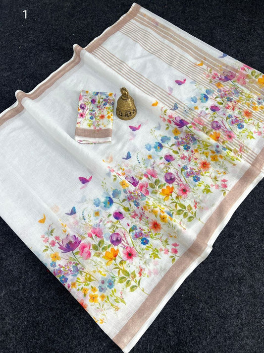 Linen Slub Cotton Floral Sarees – 59 AED