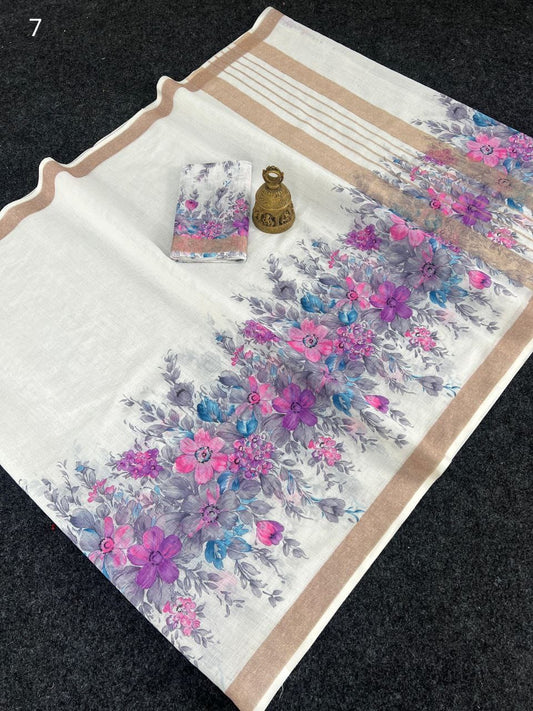 Linen Slub Cotton Floral Sarees – 59 AED