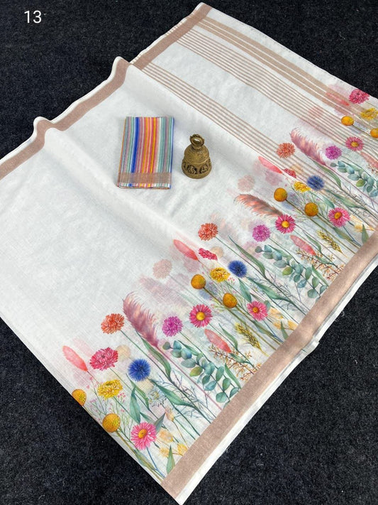 Linen Slub Cotton Floral Sarees – 59 AED