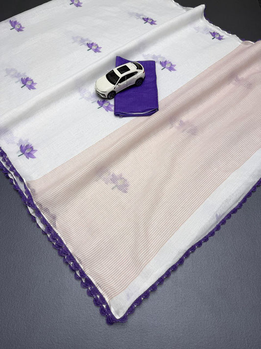 Linen Slub Cotton Saree with Lotus Print & Crochet Lace Borders – 59 AED