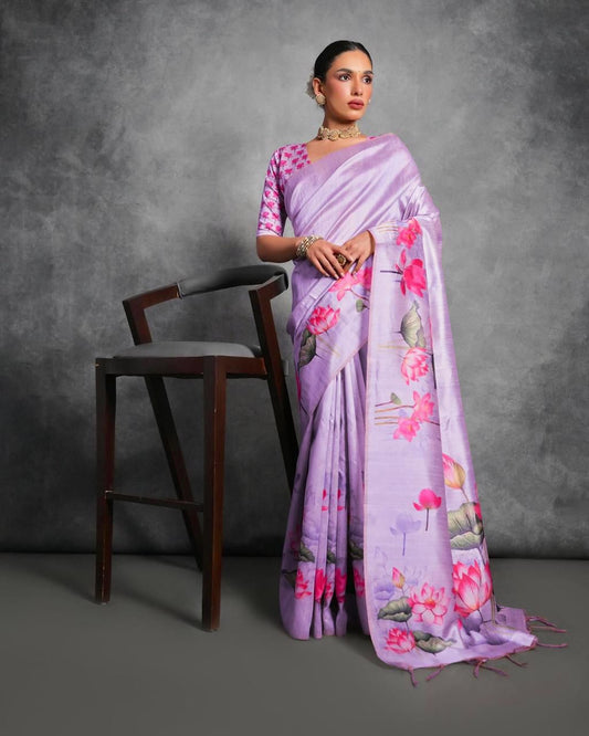Semi Tussar Silk Floral Saree with Printed Running Blouse – 75 AED