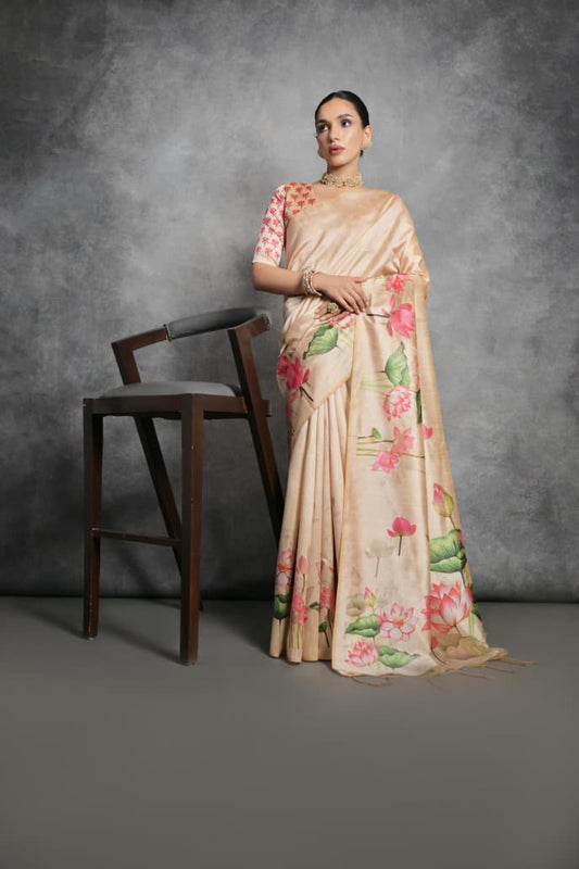 Semi Tussar Silk Floral Saree with Printed Running Blouse – 75 AED