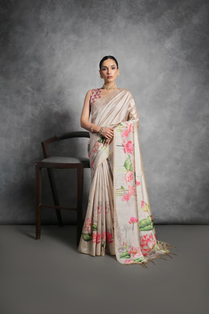 Semi Tussar Silk Floral Saree with Printed Running Blouse – 75 AED