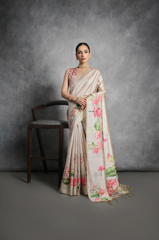 Semi Tussar Silk Floral Saree with Printed Running Blouse – 75 AED