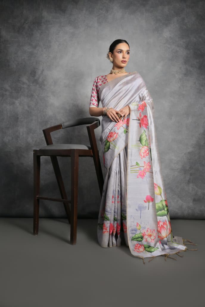 Semi Tussar Silk Floral Saree with Printed Running Blouse – 75 AED