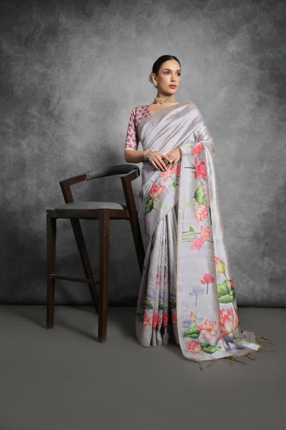 Semi Tussar Silk Floral Saree with Printed Running Blouse – 75 AED