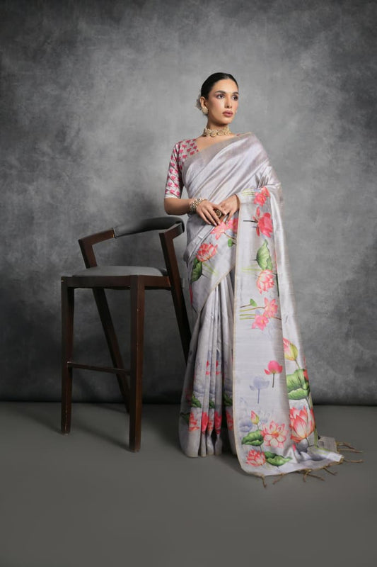 Semi Tussar Silk Floral Saree with Printed Running Blouse – 75 AED