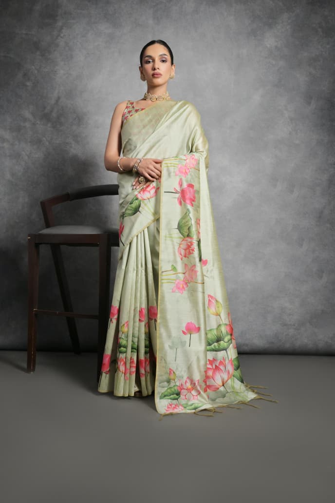Semi Tussar Silk Floral Saree with Printed Running Blouse – 75 AED