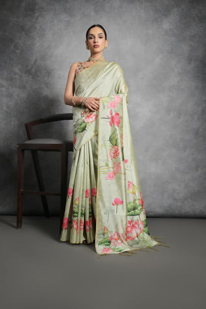 Semi Tussar Silk Floral Saree with Printed Running Blouse – 75 AED