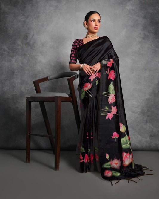 Semi Tussar Silk Floral Saree with Printed Running Blouse – 75 AED