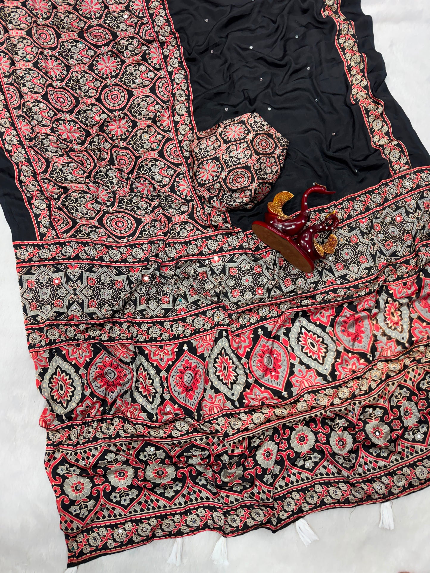 Ajrakh Crepe Silk Real Mirror Work Saree – 99 AED