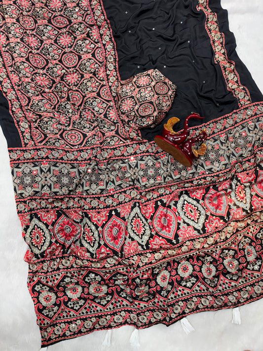 Ajrakh Crepe Silk Real Mirror Work Saree – 99 AED