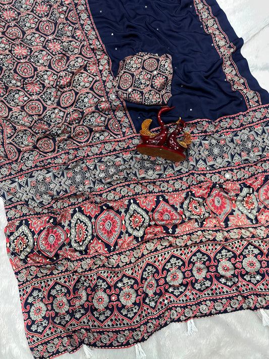 Ajrakh Crepe Silk Real Mirror Work Saree – 99 AED