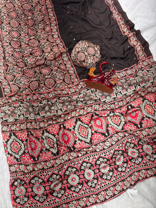 Ajrakh Crepe Silk Real Mirror Work Saree – 99 AED