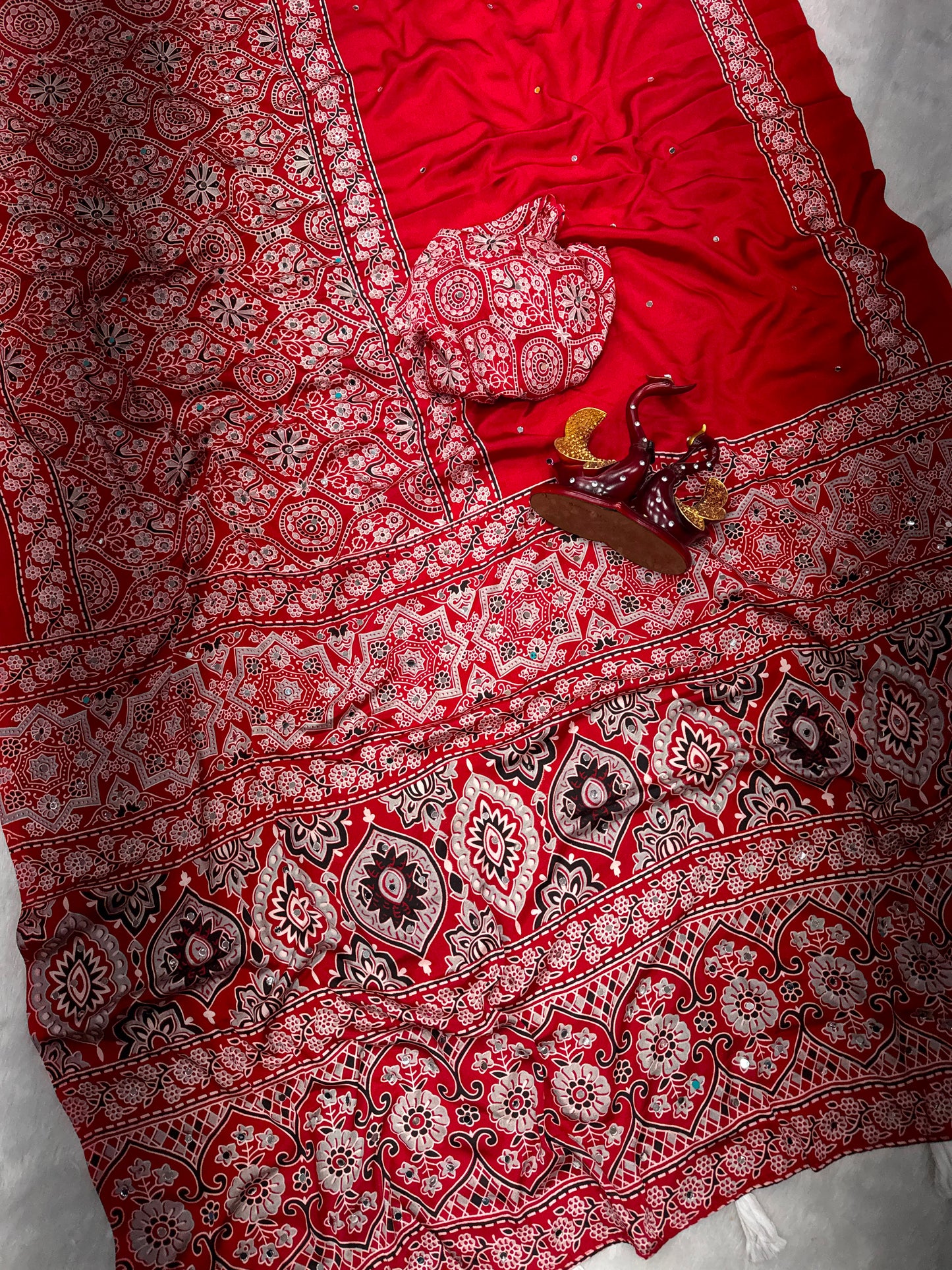 Ajrakh Crepe Silk Real Mirror Work Saree – 99 AED