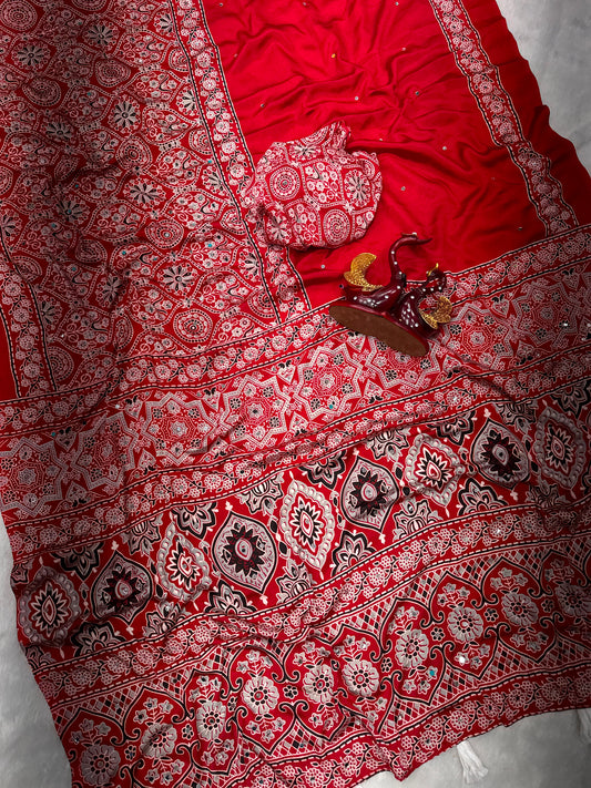 Ajrakh Crepe Silk Real Mirror Work Saree – 99 AED