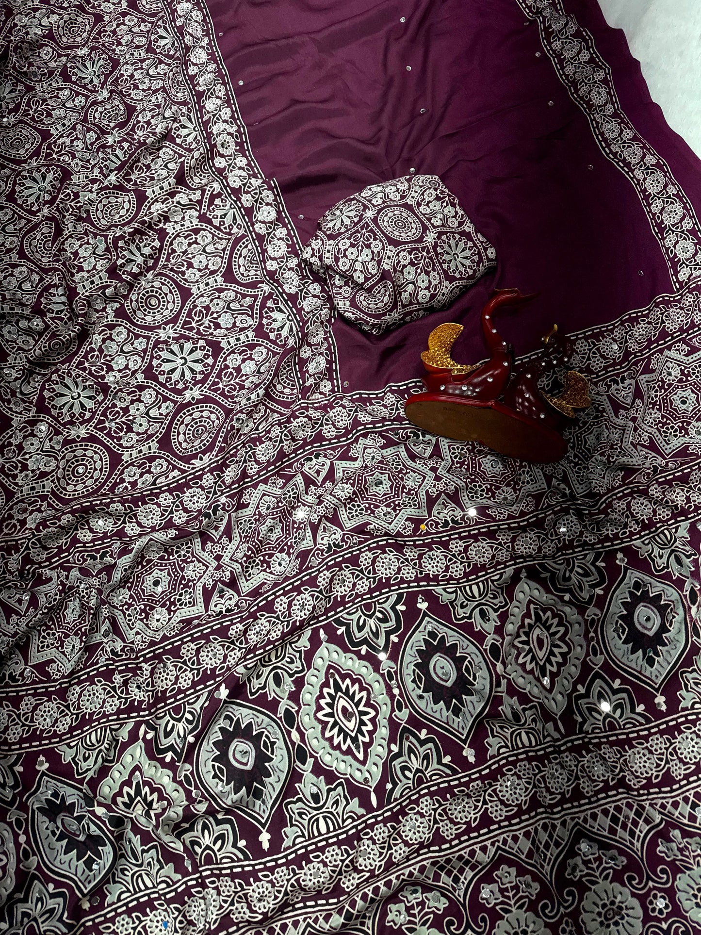 Ajrakh Crepe Silk Real Mirror Work Saree – 99 AED