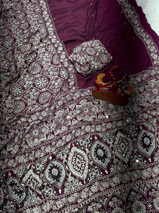 Ajrakh Crepe Silk Real Mirror Work Saree – 99 AED
