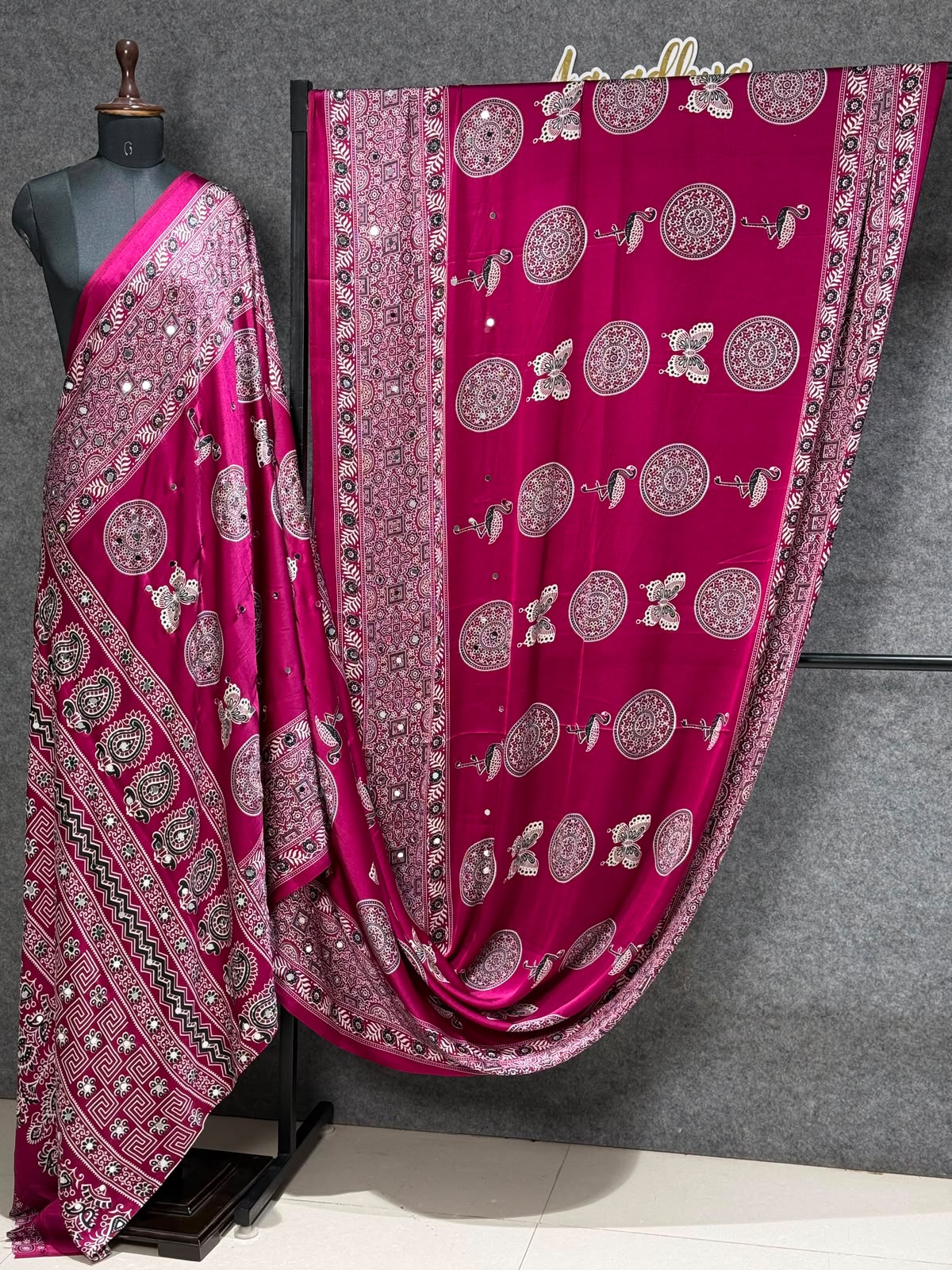 Ajrakh Crepe Silk Real Mirror Work Saree – 99 AED