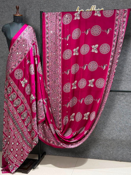 Ajrakh Crepe Silk Real Mirror Work Saree – 99 AED
