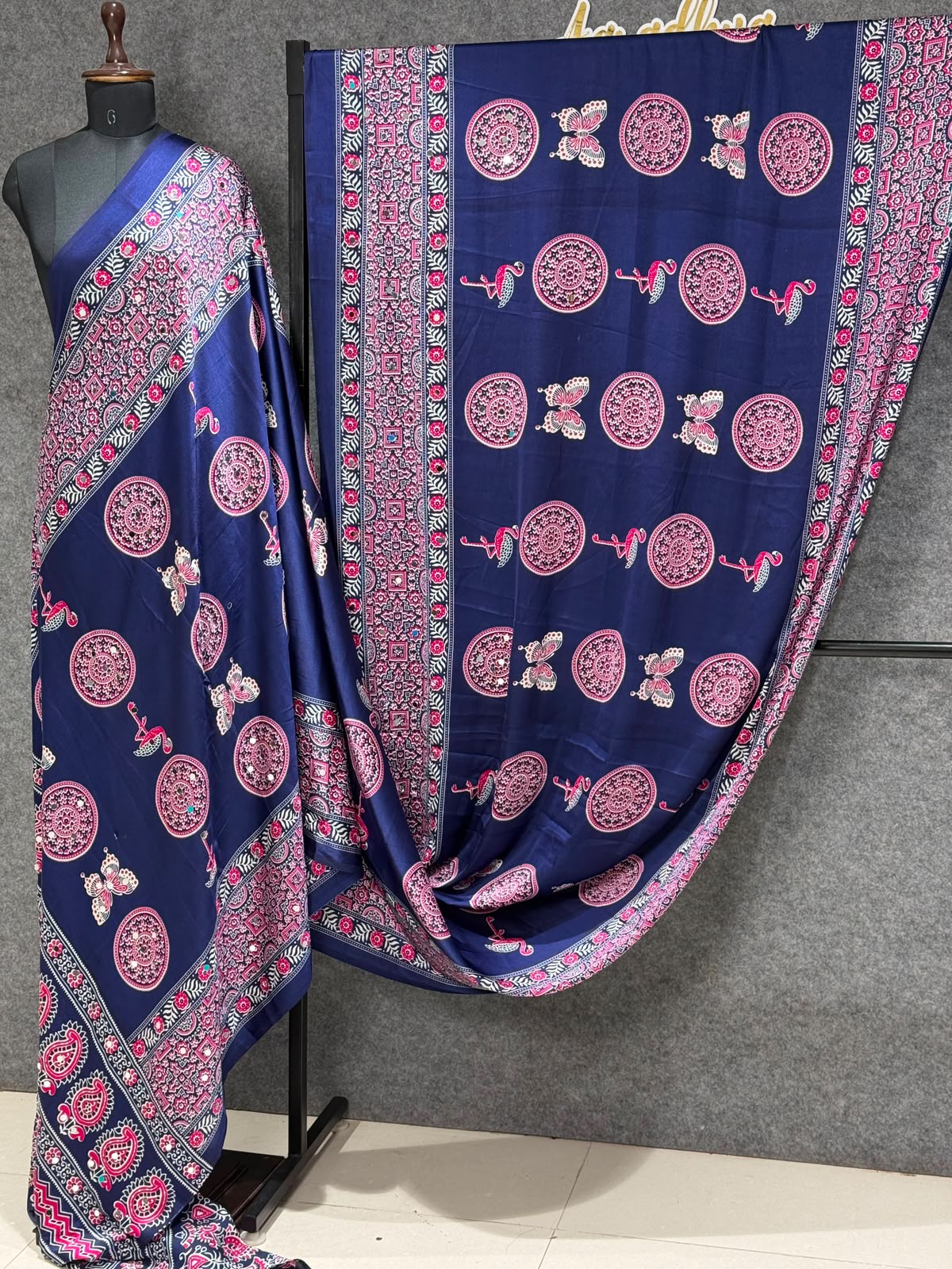 Ajrakh Crepe Silk Real Mirror Work Saree – 99 AED