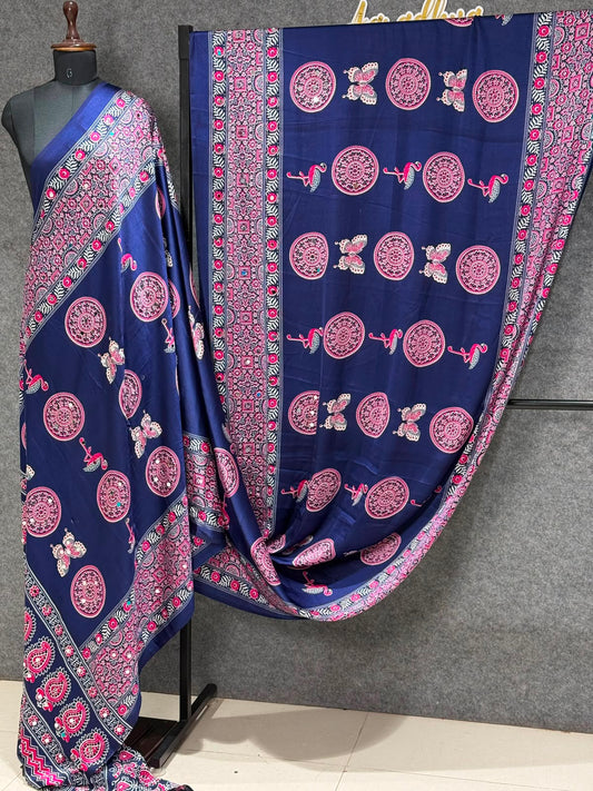 Ajrakh Crepe Silk Real Mirror Work Saree – 99 AED