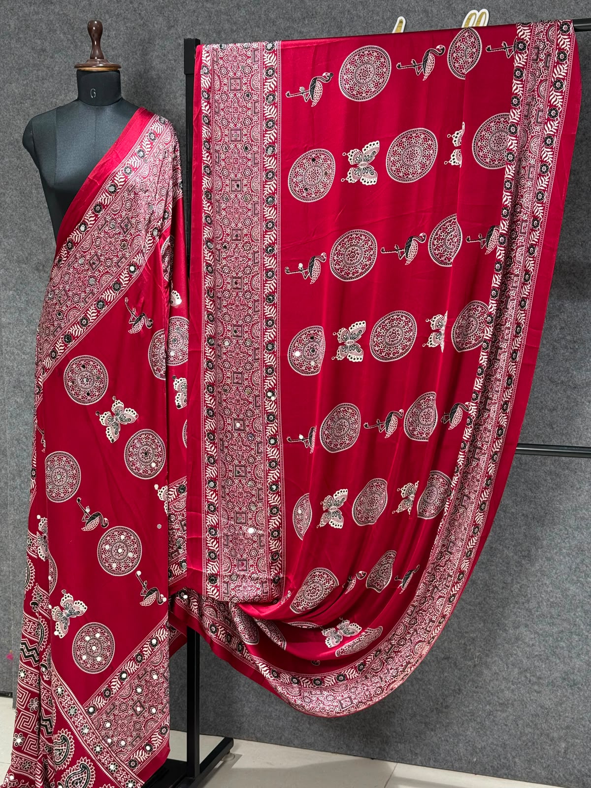 Ajrakh Crepe Silk Real Mirror Work Saree – 99 AED