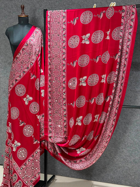 Ajrakh Crepe Silk Real Mirror Work Saree – 99 AED