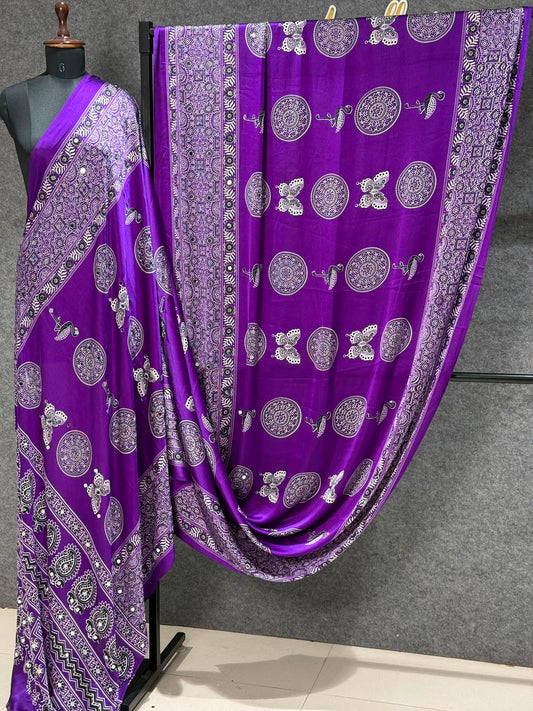Ajrakh Crepe Silk Real Mirror Work Saree – 99 AED