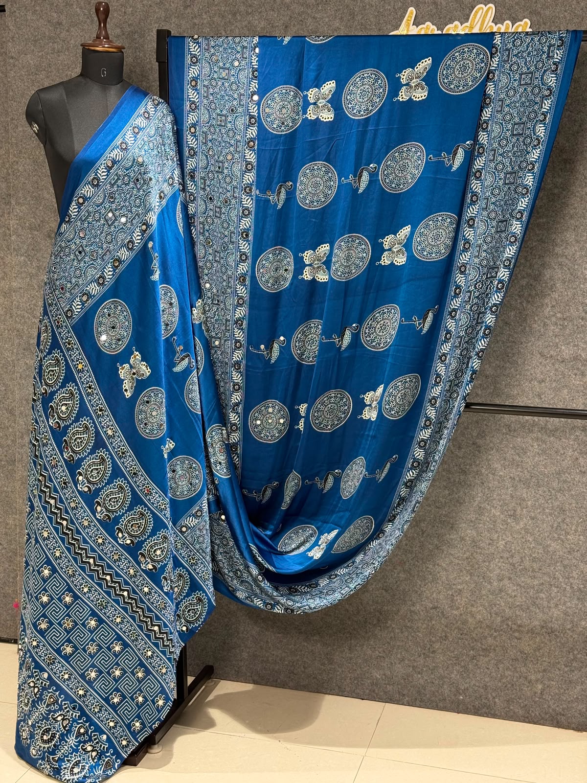 Ajrakh Crepe Silk Real Mirror Work Saree – 99 AED