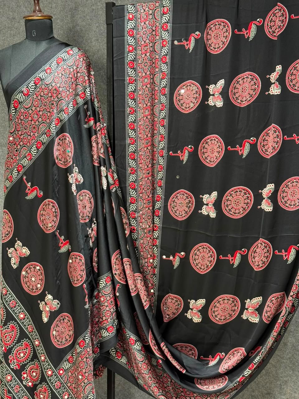 Ajrakh Crepe Silk Real Mirror Work Saree – 99 AED