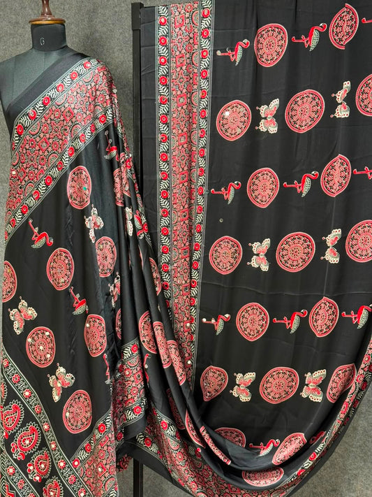 Ajrakh Crepe Silk Real Mirror Work Saree – 99 AED
