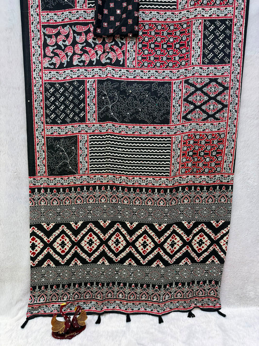 Ajrakh Crepe Silk Real Mirror Work Saree – 99 AED