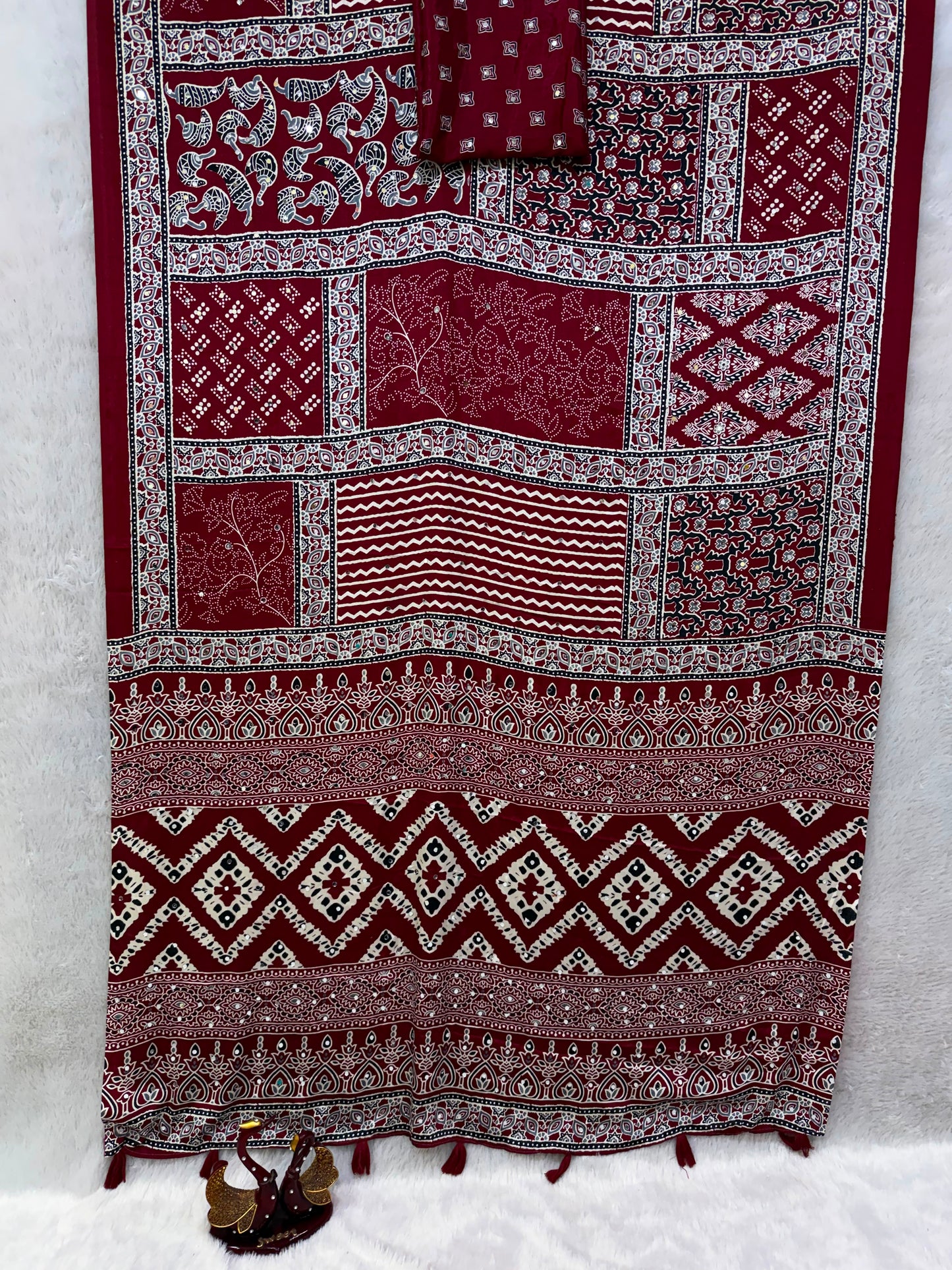 Ajrakh Crepe Silk Real Mirror Work Saree – 99 AED