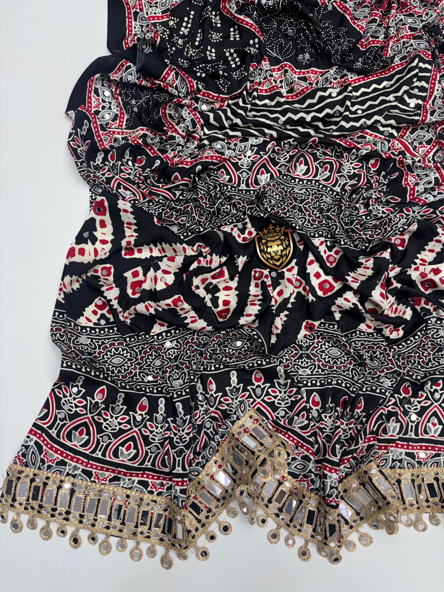 Ajrakh Crepe Silk Real Mirror Work Saree – 99 AED
