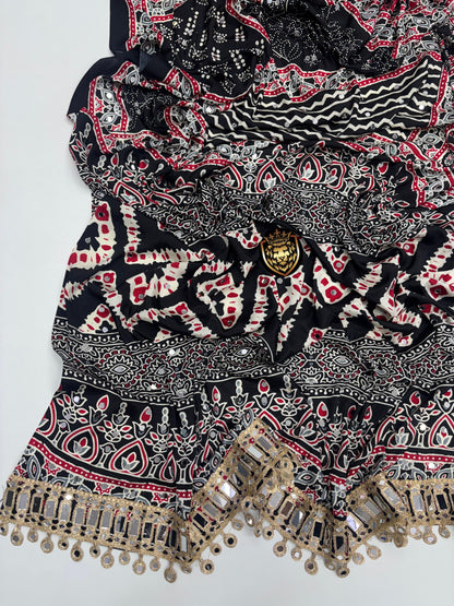 Ajrakh Crepe Silk Real Mirror Work Saree – 99 AED