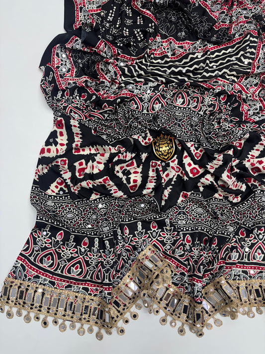 Ajrakh Crepe Silk Real Mirror Work Saree – 99 AED