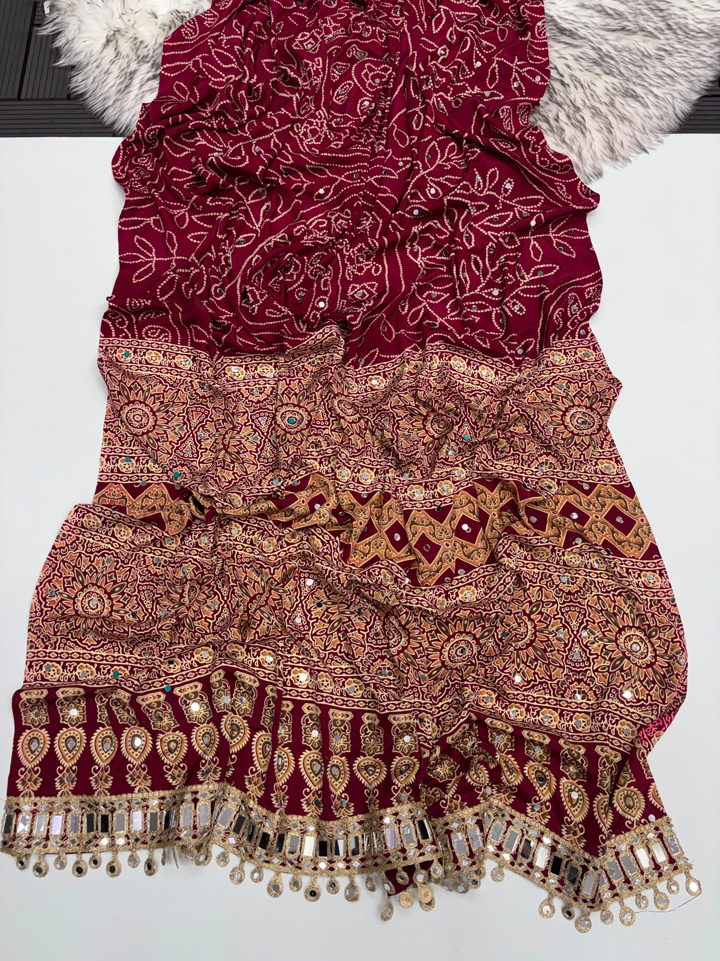 Ajrakh Crepe Silk Real Mirror Work Saree – 99 AED