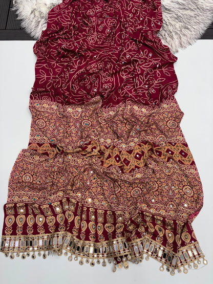 Ajrakh Crepe Silk Real Mirror Work Saree – 99 AED