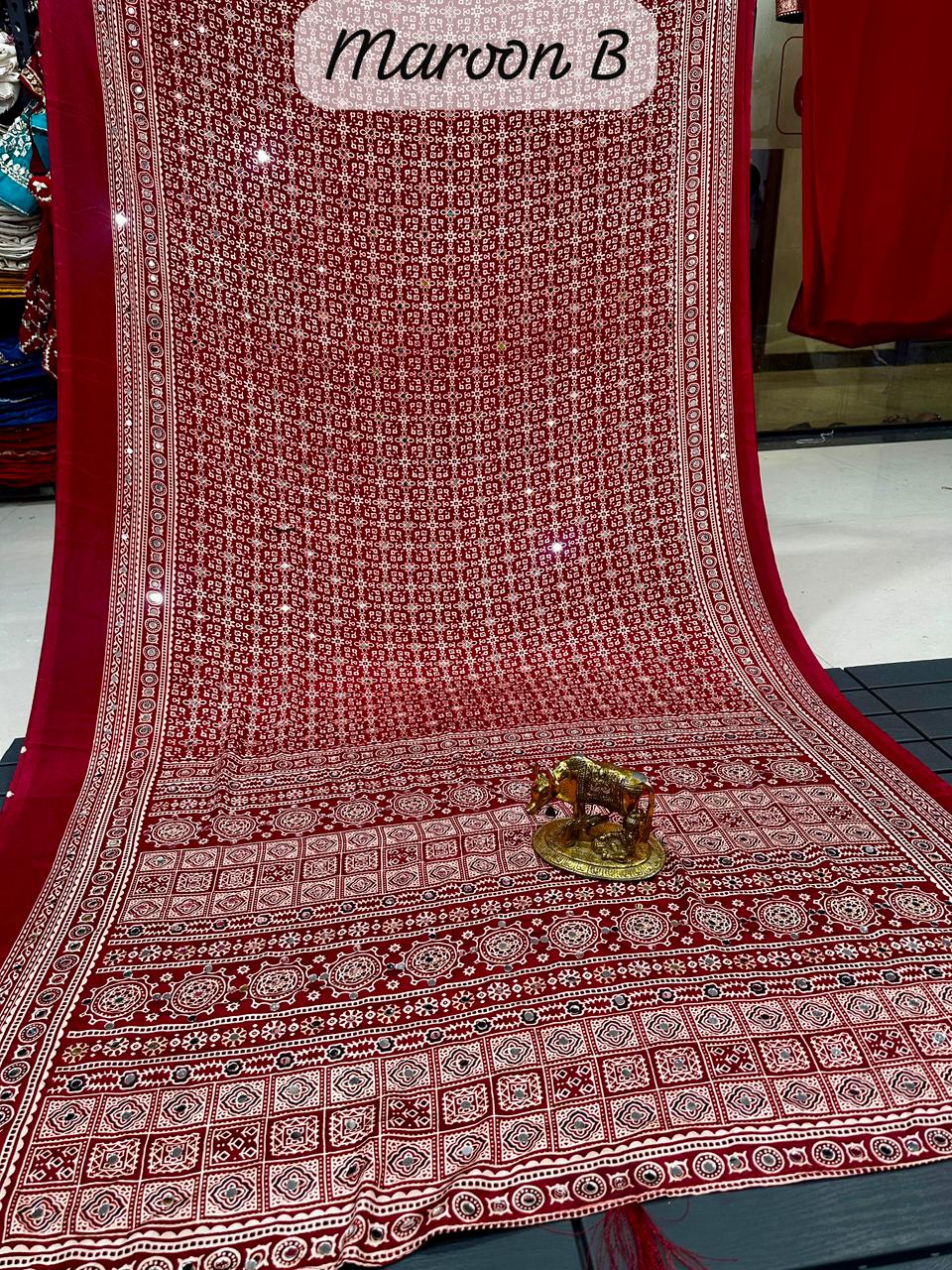 Ajrakh Crepe Silk Real Mirror Work Saree – 99 AED