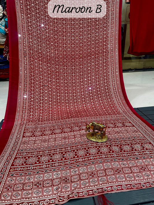 Ajrakh Crepe Silk Real Mirror Work Saree – 99 AED