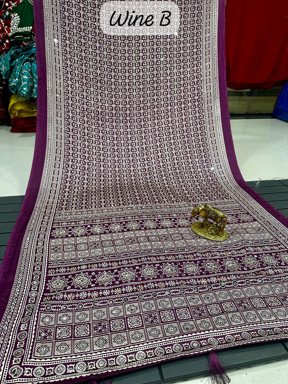 Ajrakh Crepe Silk Real Mirror Work Saree – 99 AED