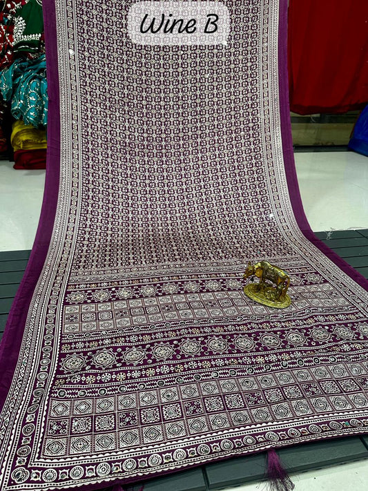 Ajrakh Crepe Silk Real Mirror Work Saree – 99 AED