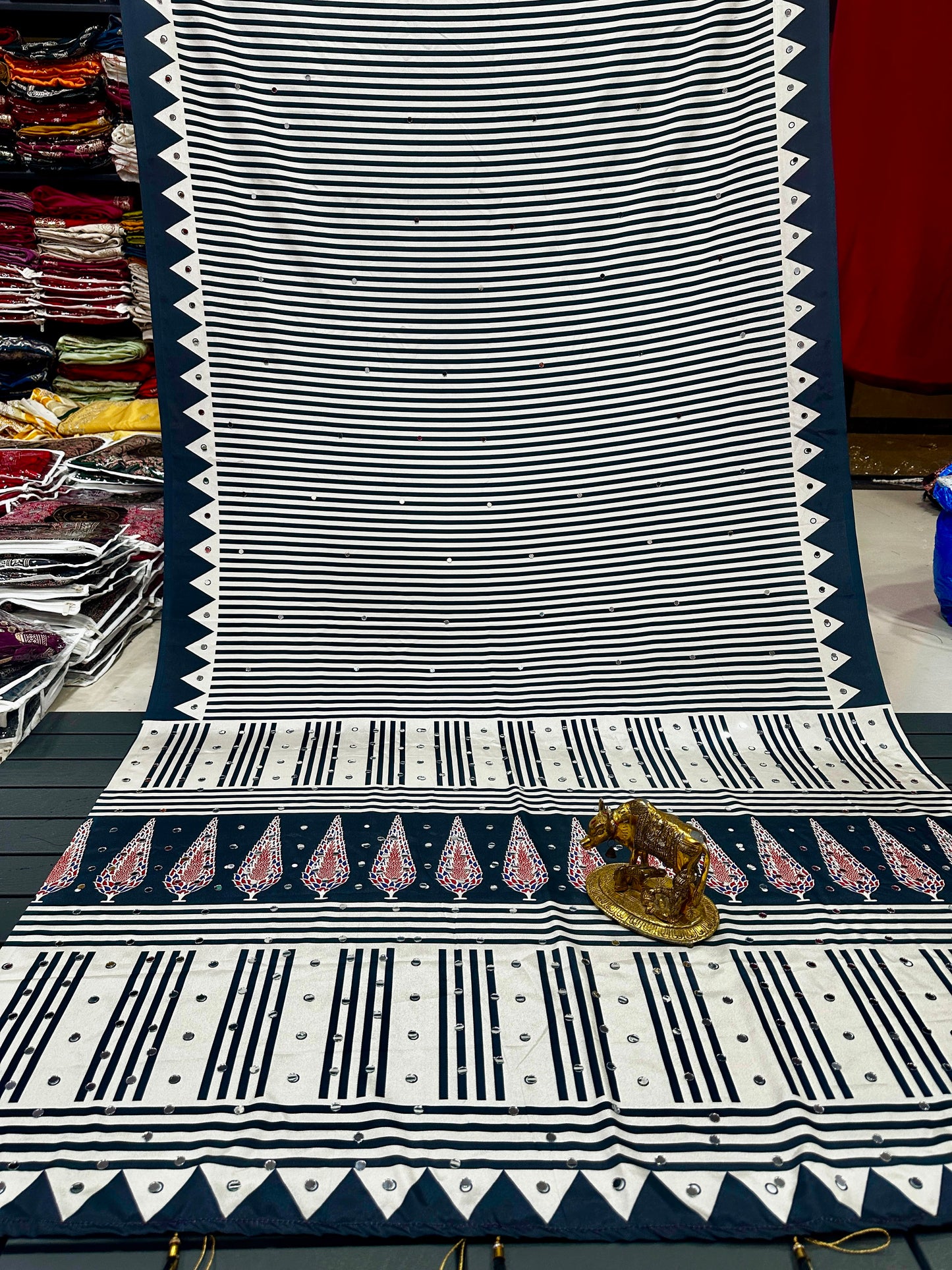 Ajrakh Crepe Silk Real Mirror Work Saree – 99 AED