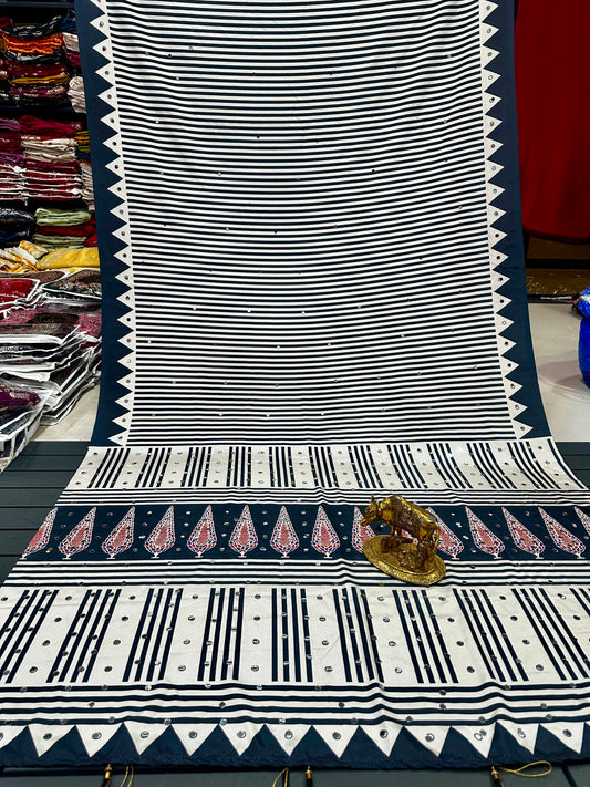 Ajrakh Crepe Silk Real Mirror Work Saree – 99 AED