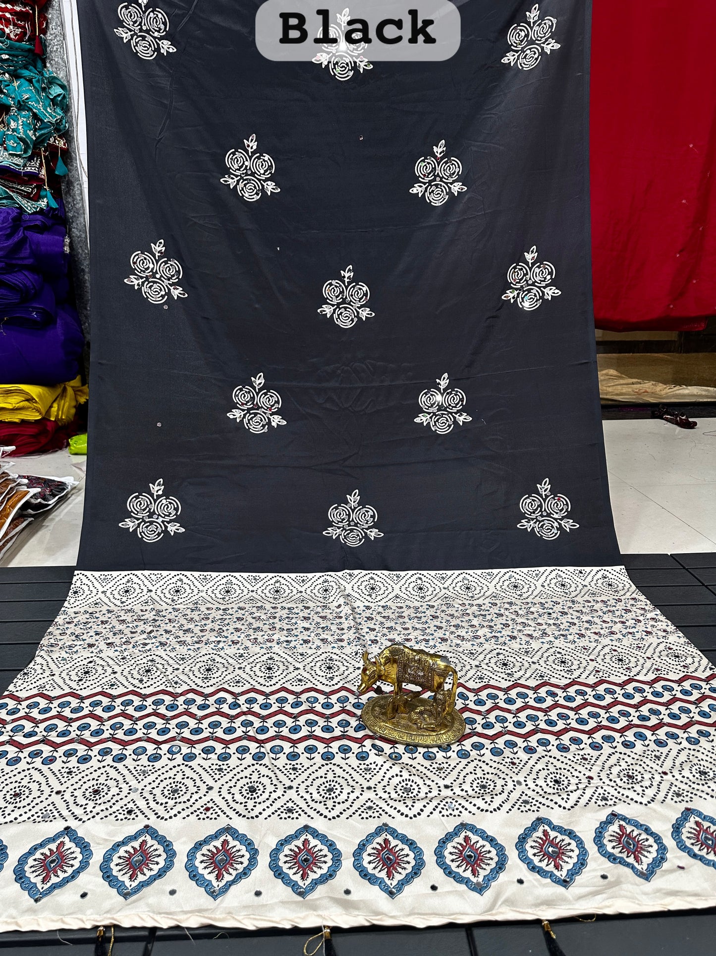 Ajrakh Crepe Silk Real Mirror Work Saree – 99 AED