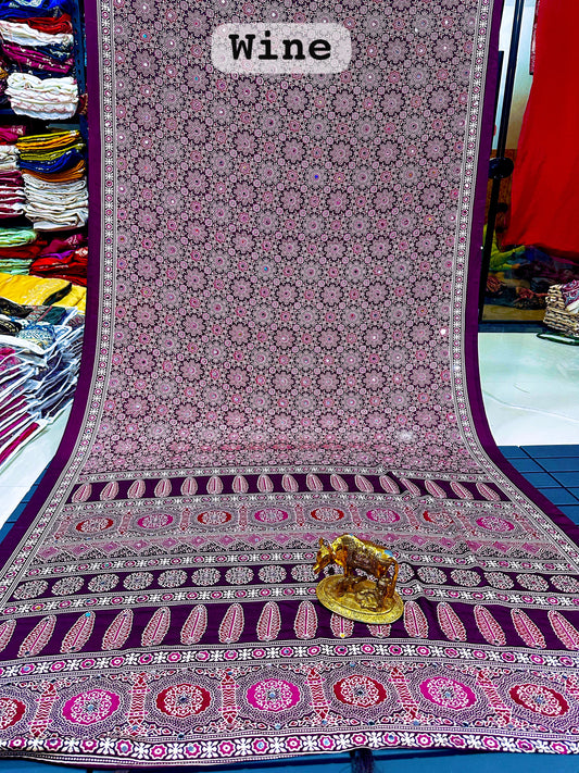 Ajrakh Crepe Silk Real Mirror Work Saree – 99 AED