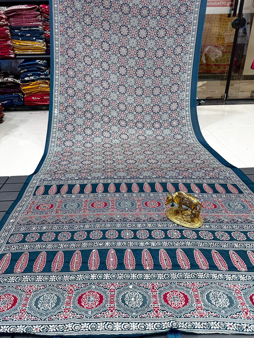 Ajrakh Crepe Silk Real Mirror Work Saree – 99 AED