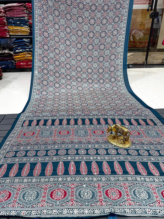 Ajrakh Crepe Silk Real Mirror Work Saree – 99 AED